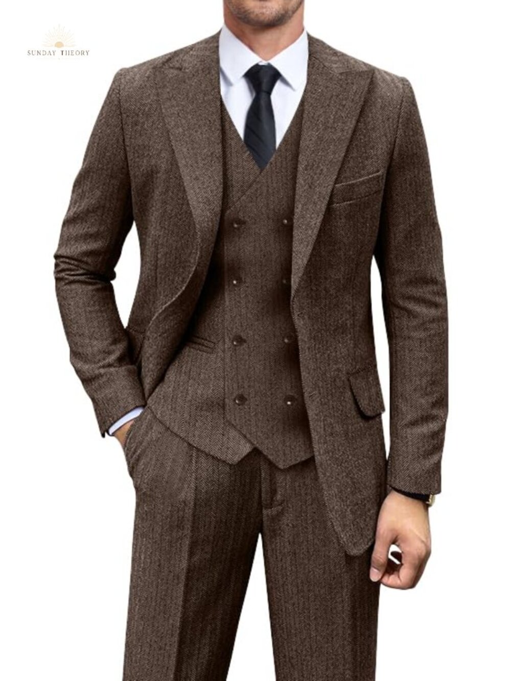 Tweed Herringbone 3 Piece Suit Men 2 Button Peak Lapel Prom Tuxedo